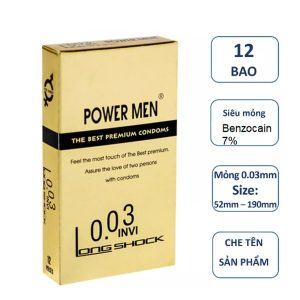 Bao Cao Su Power Men 0.03 Invi Long Shock, Siêu Mỏng, Tăng Thời Gian Quan Hệ, Hộp 12 Cái